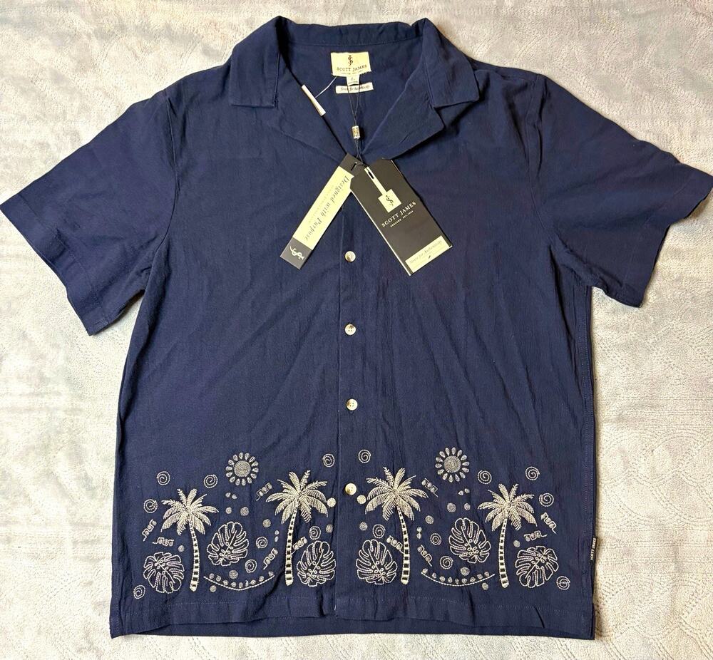 Scott James Mens L Linen Breathable Relaxed Fit Palm Tree Embroidered Shirt